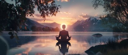 Человек медитирует у озера на закате, окружённый природой, с горами на заднем плане и эффектом ореола вокруг головы. Тихая медитация на озере на закате